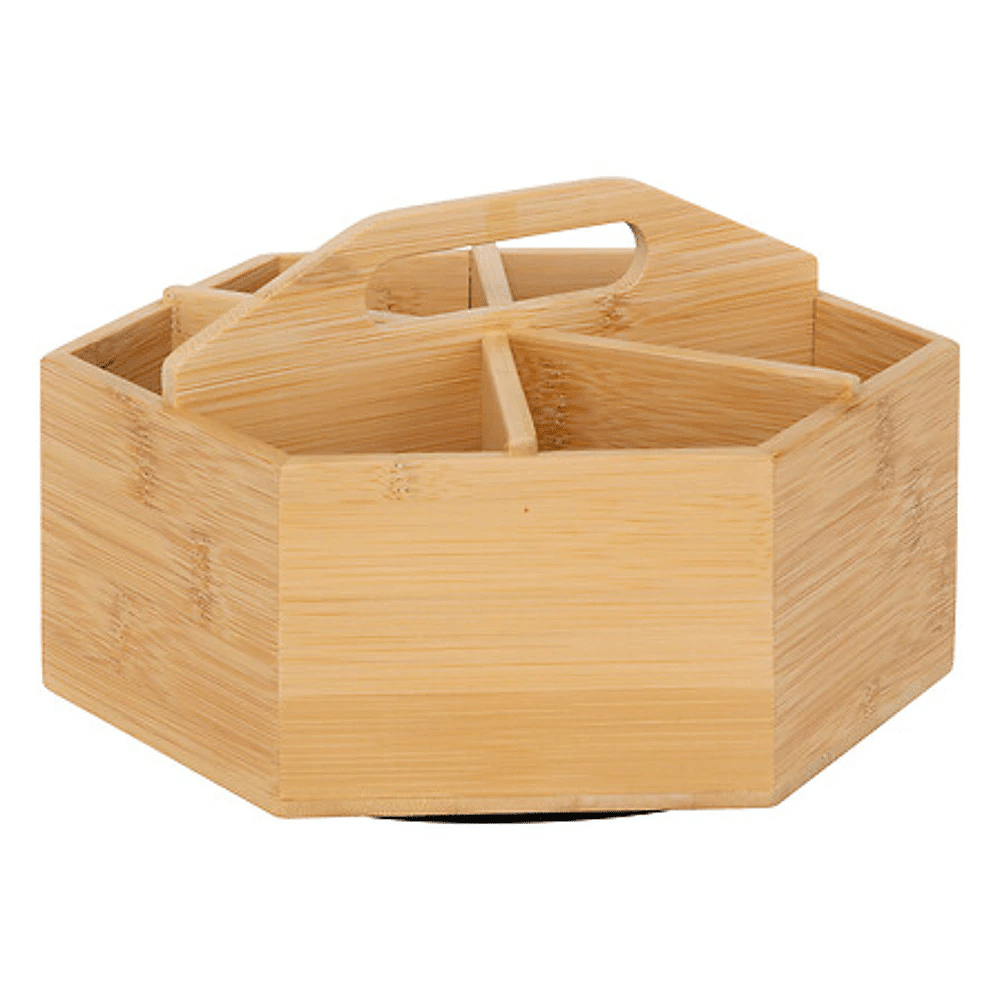drejefad i bambus med ruminddeling | Hexagonal wooden serving box with six compartments and a raised handle for carrying. Bambus drejefad med rum og håndtag til praktisk organisering af småting